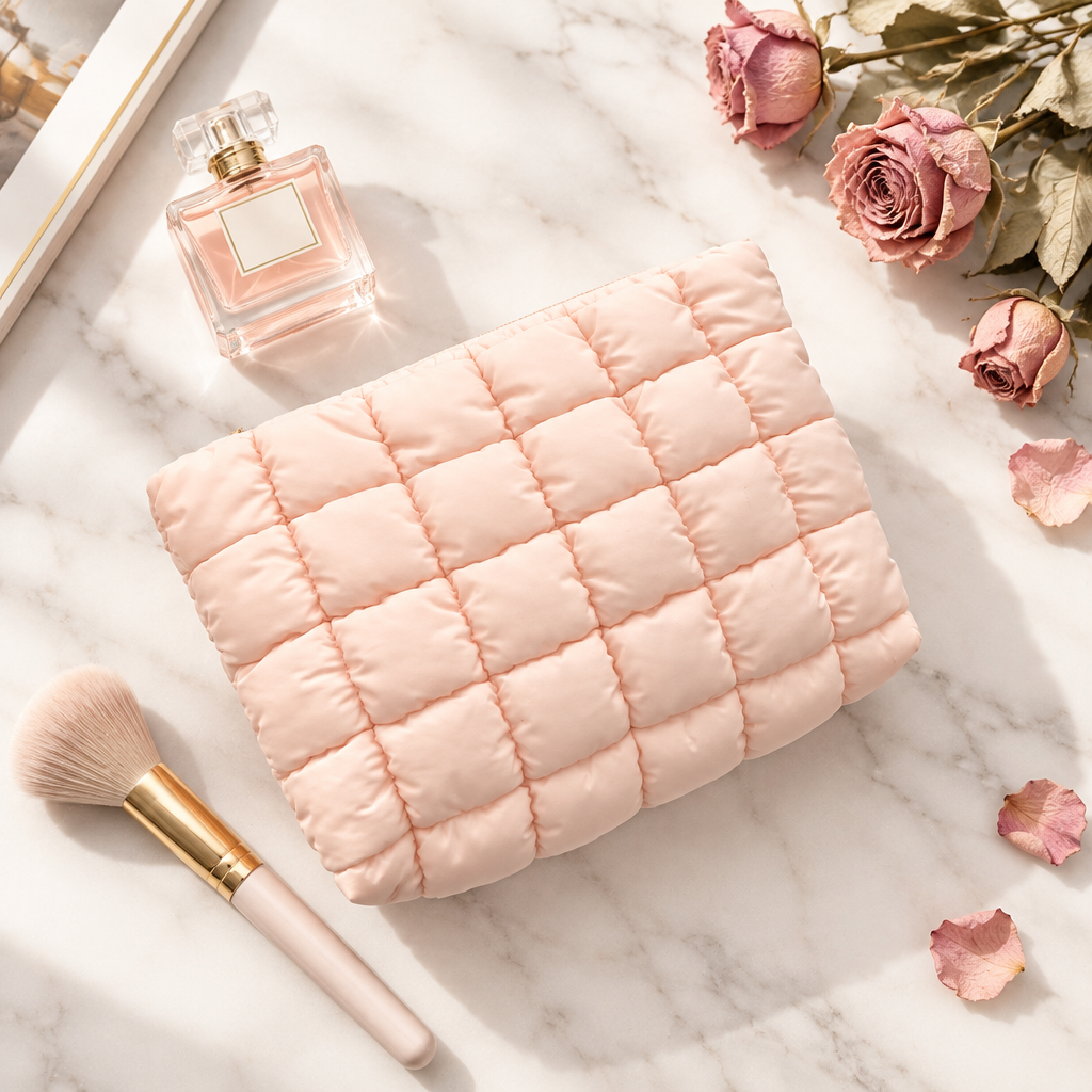Pink Quilted Puffy Cosmetic Bag Lifestyle