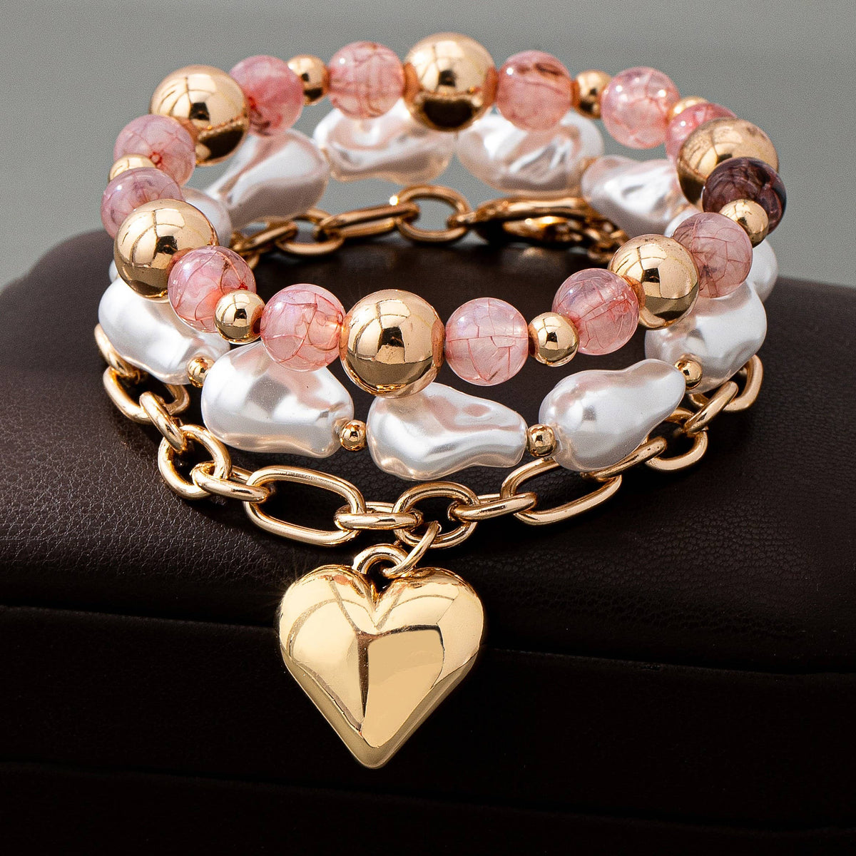 Blush & Pearl Gold Heart Bracelet Set