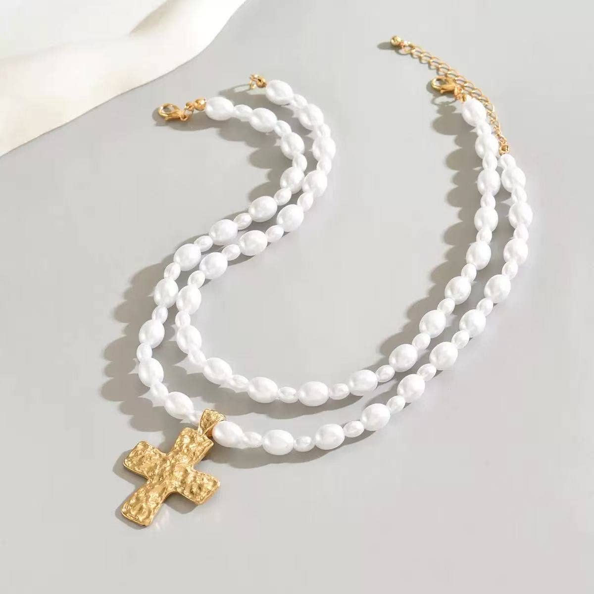 Layered Cross Pearl Necklace