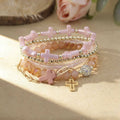 Pink Cross Charm Mixed Beaded Bracelet Set