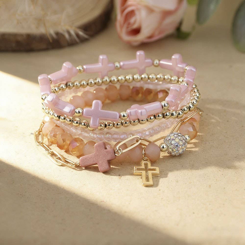 Pink Cross Charm Mixed Beaded Bracelet Set