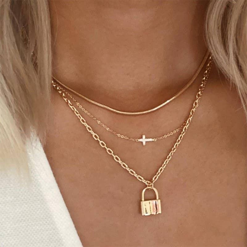 18K Stainless Steel Layered Cross & Lock Charm Necklace