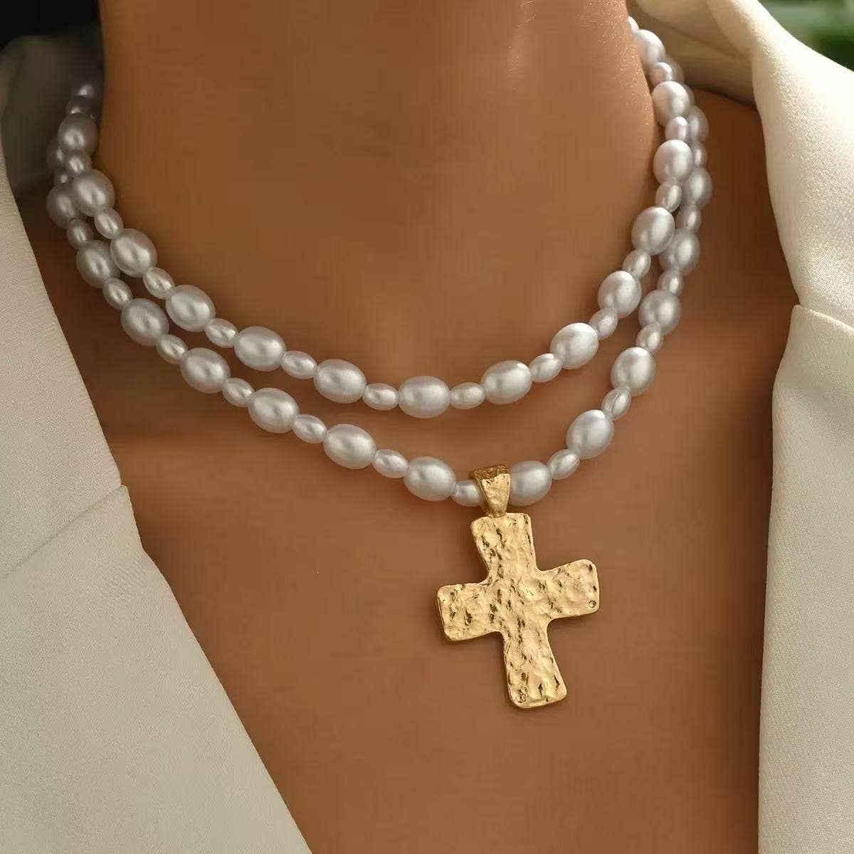 Layered Cross Pearl Necklace