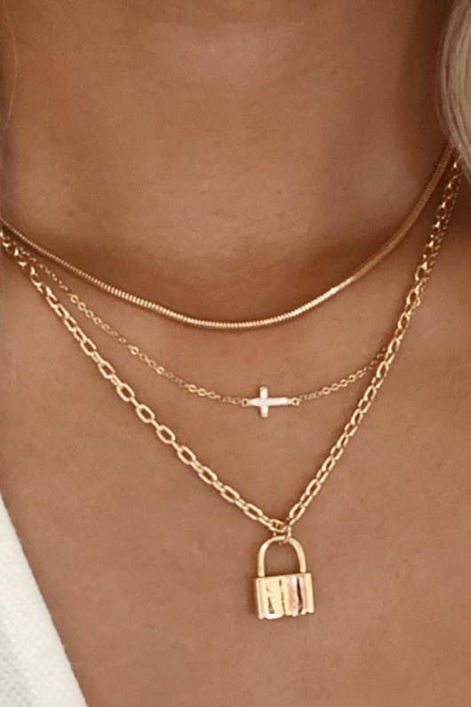 18K Stainless Steel Layered Cross & Lock Charm Necklace
