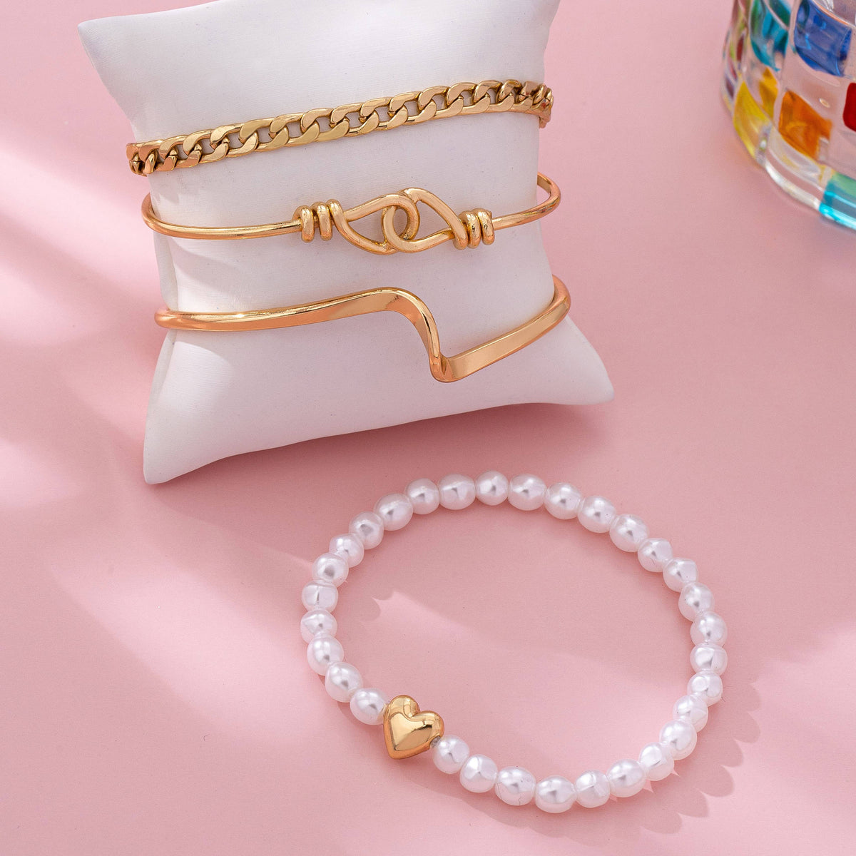 Gold Pearl Heart Charm Multi Bracelet Set