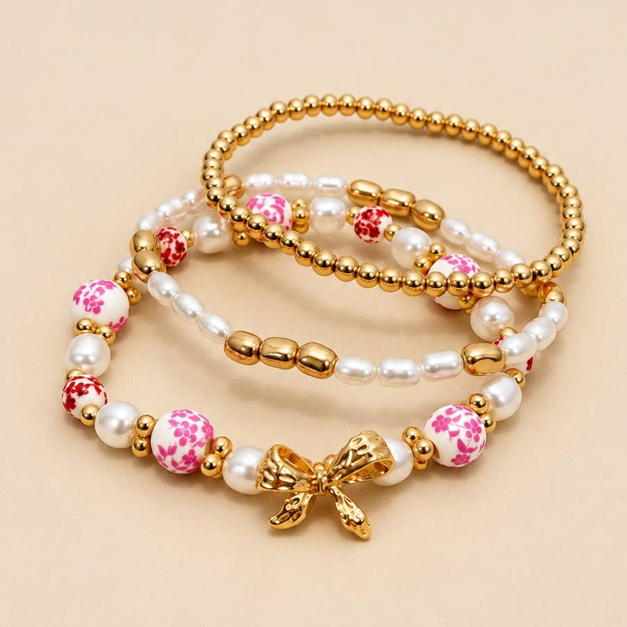 Pink Floral Porcelain & Bow Bracelet Set