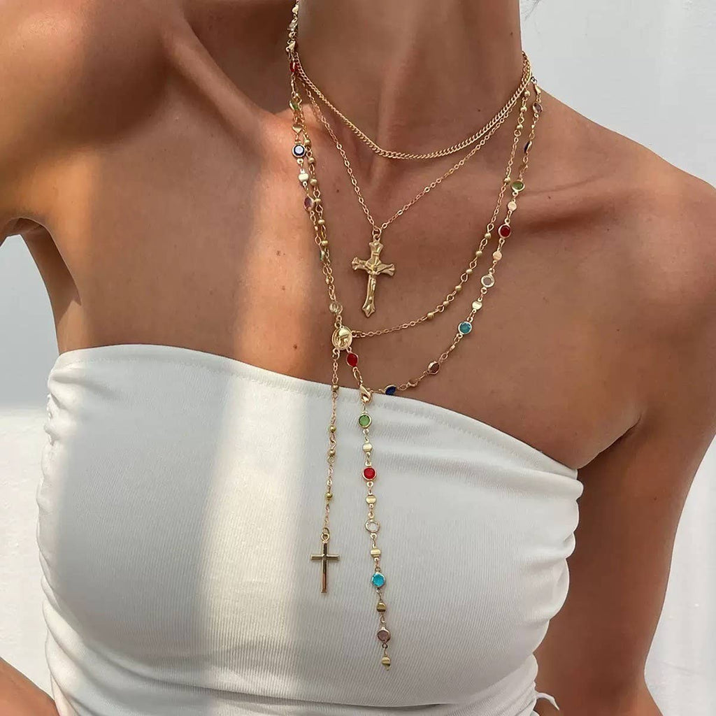 Boho Y Multi-Stone Cross Lariat Layer Necklace
