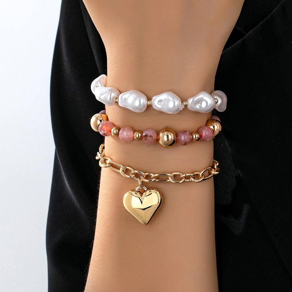 Blush & Pearl Gold Heart Bracelet Set