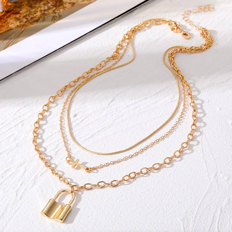 18K Stainless Steel Layered Cross & Lock Charm Necklace