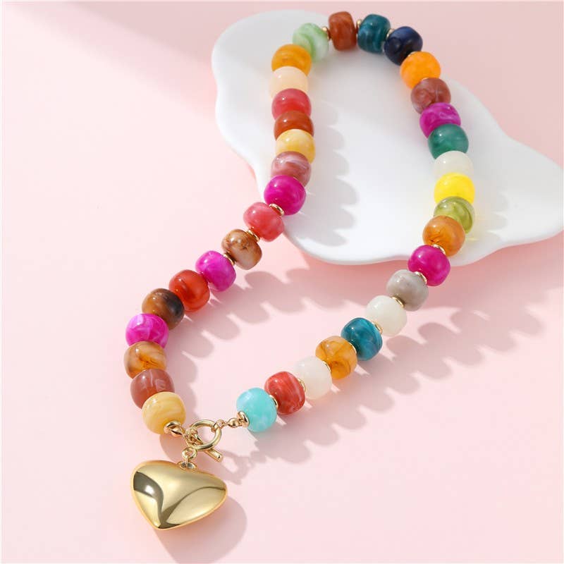 Multi-Beaded Heart Charm Toggle Necklace