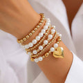 Gold Beads & Pearl Accents Heart Stretch Bracelet Stack
