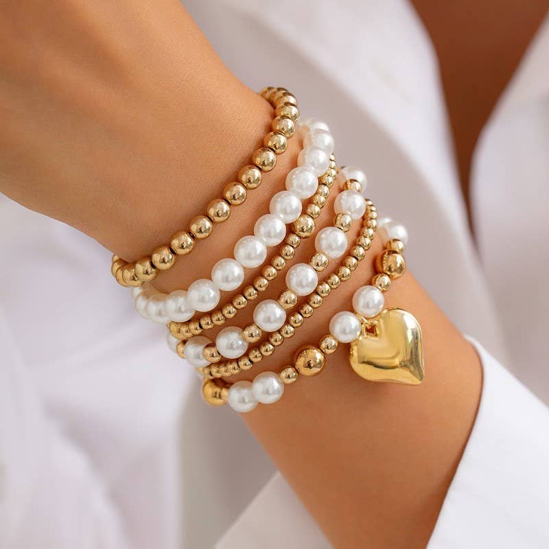 Gold Beads & Pearl Accents Heart Stretch Bracelet Stack