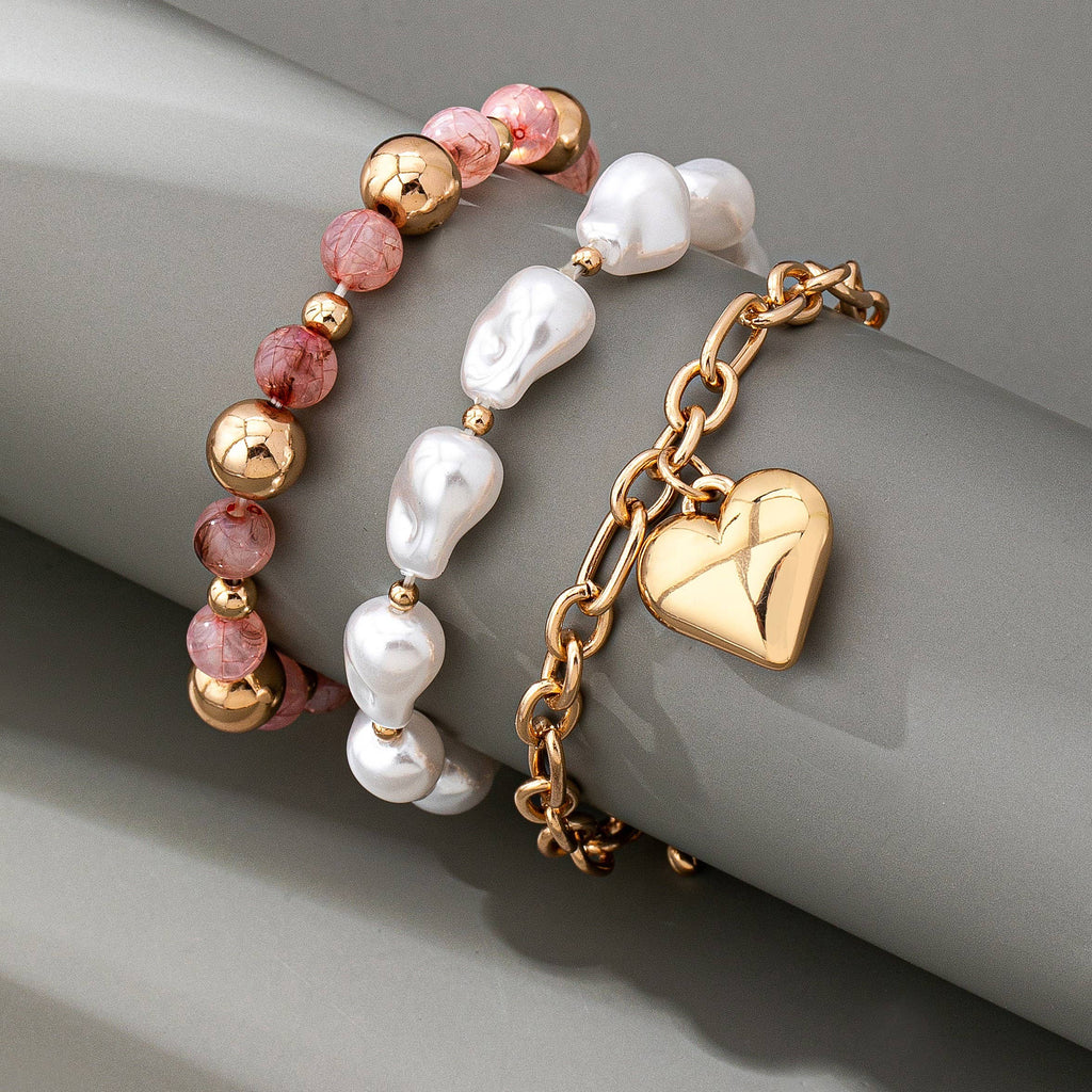 Blush & Pearl Gold Heart Bracelet Set