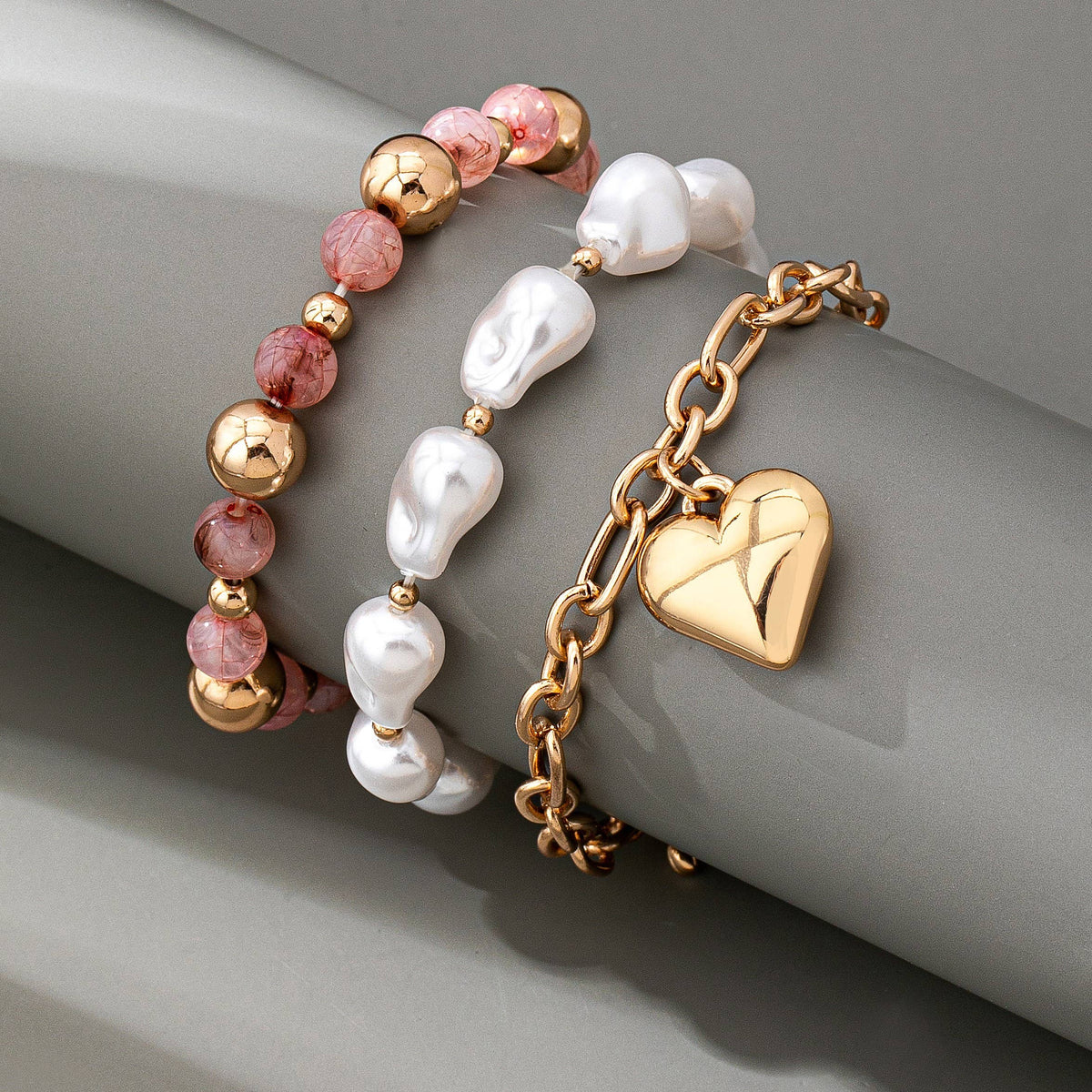 Blush & Pearl Gold Heart Bracelet Set