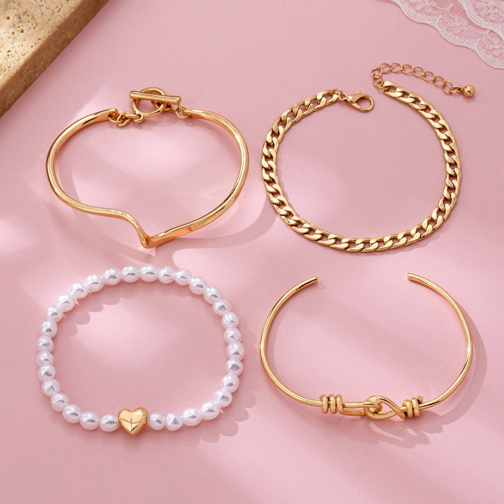 Gold Pearl Heart Charm Multi Bracelet Set