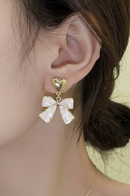 Gold Heart & Pearly Bow Drop Earrings