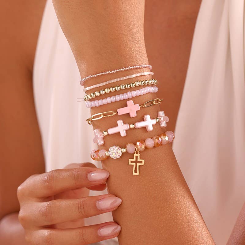 Pink Cross Charm Mixed Beaded Bracelet Set