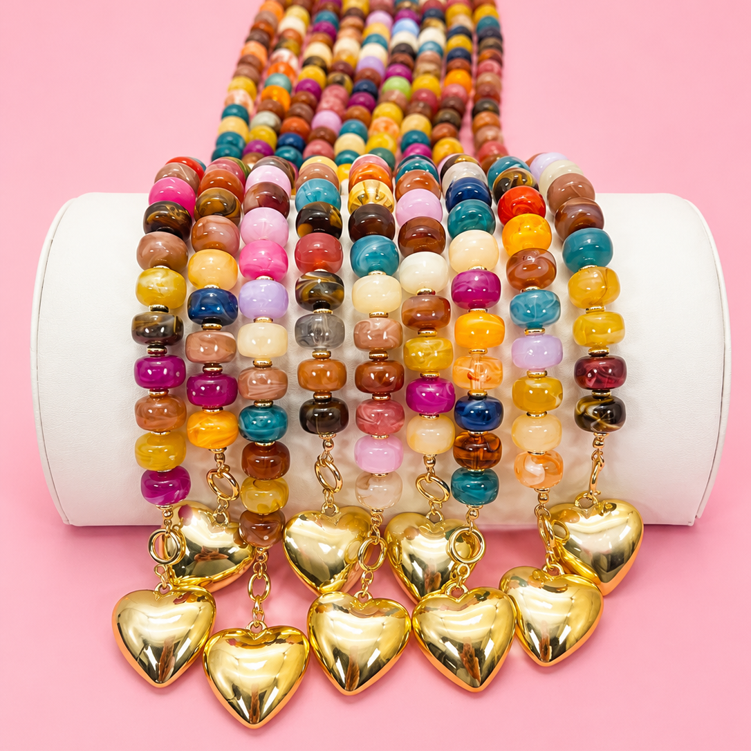 Multi-Beaded Heart Charm Toggle Necklace