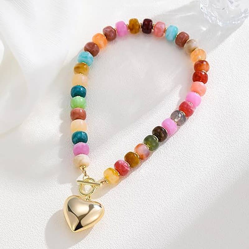 Multi-Beaded Heart Charm Toggle Necklace