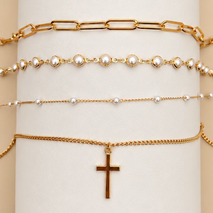 Layered Gold & Pearl Cross Statement Necklace