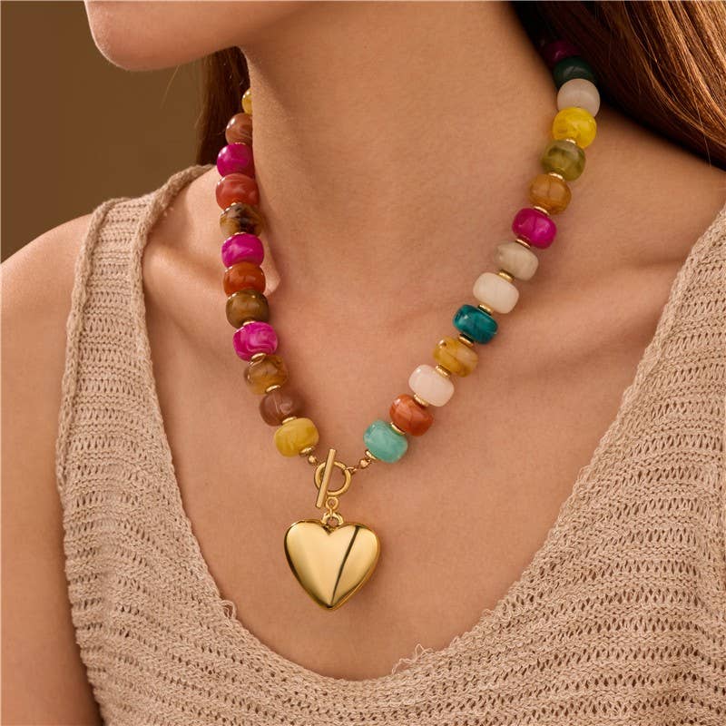 Multi-Beaded Heart Charm Toggle Necklace