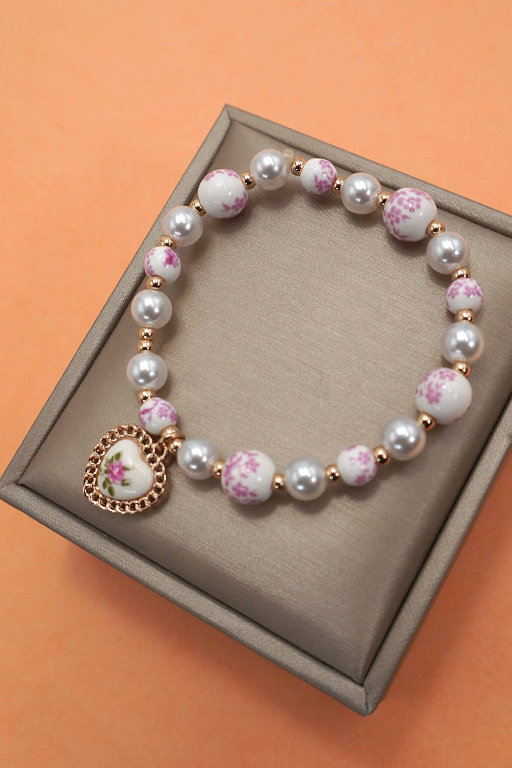 Pink Floral Porcelain Heart Bracelet