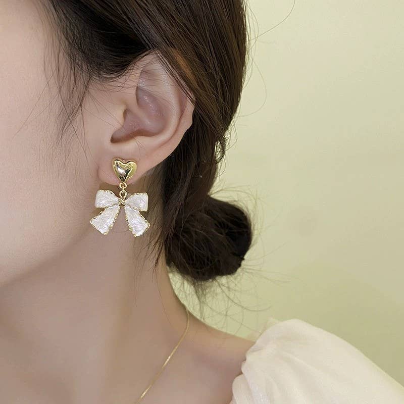 Gold Heart & Pearly Bow Drop Earrings