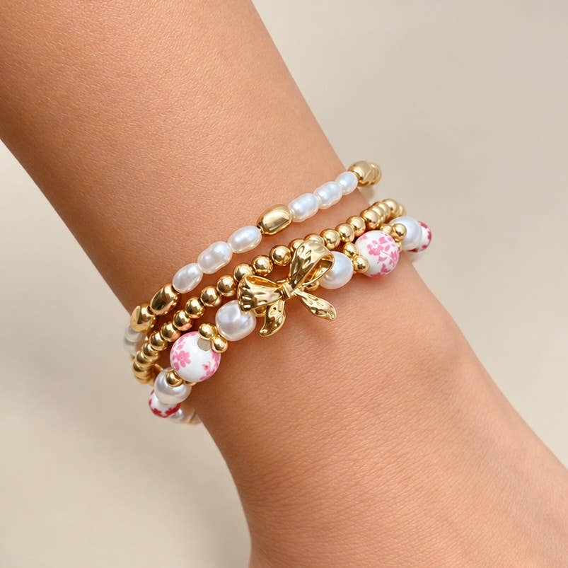 Pink Floral Porcelain & Bow Bracelet Set