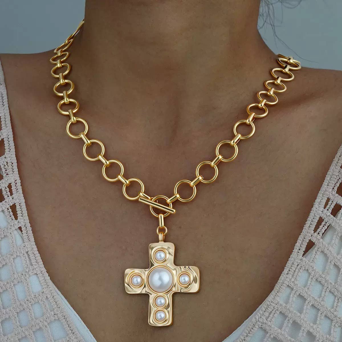 Gold Cross Necklace with Pearl Accents