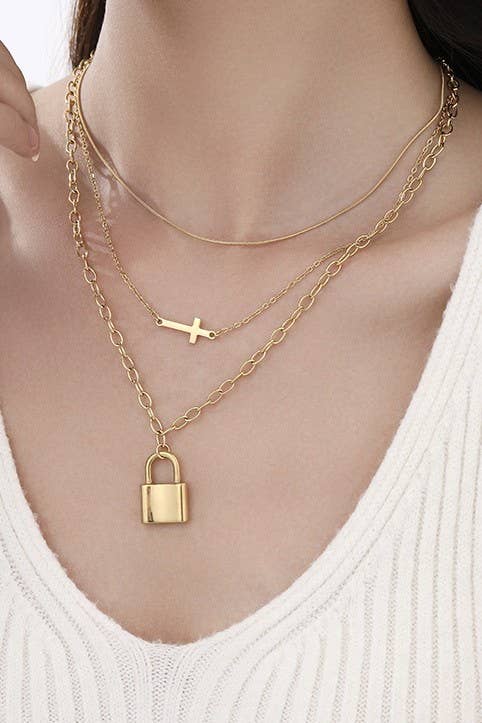 18K Stainless Steel Layered Cross & Lock Charm Necklace