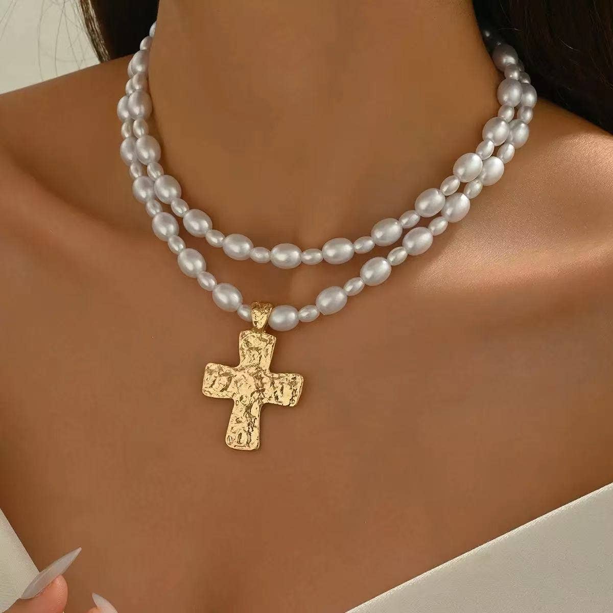 Layered Cross Pearl Necklace