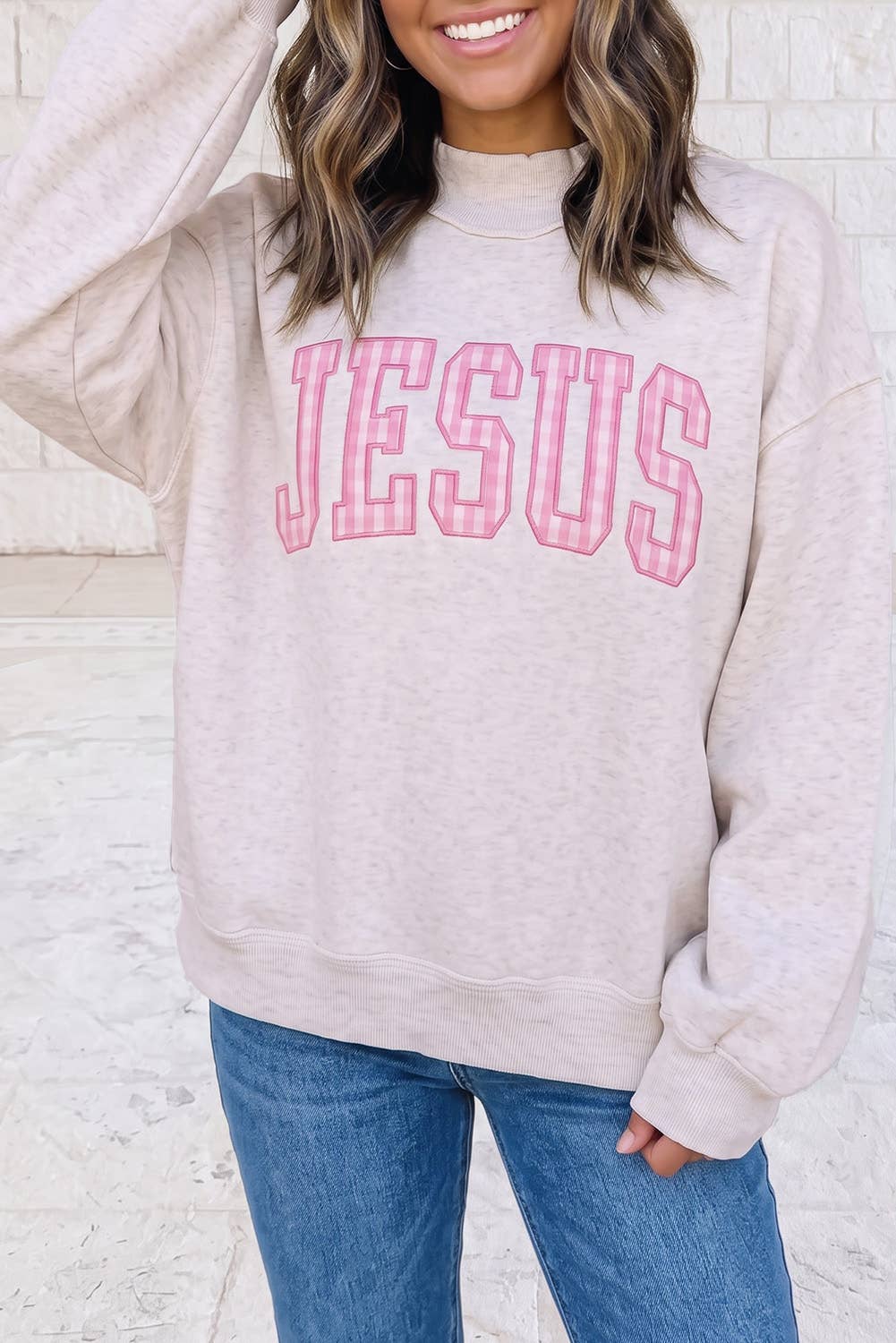 JESUS Embroidered Patch Mock Neck Sweatshirt