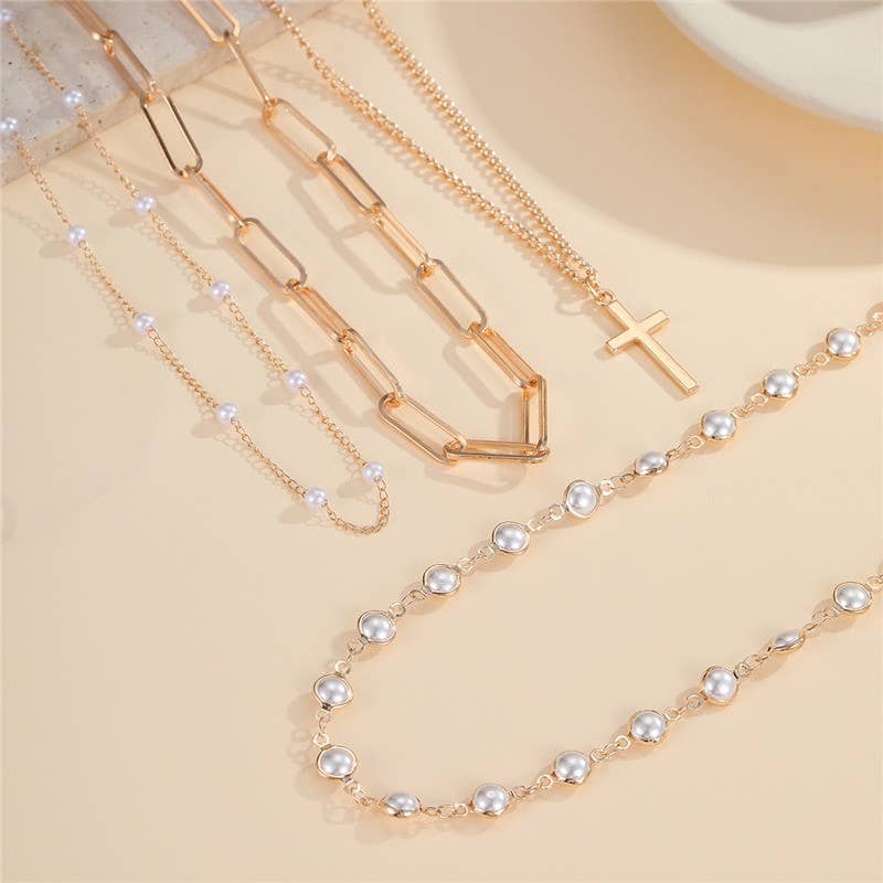 Layered Gold & Pearl Cross Statement Necklace