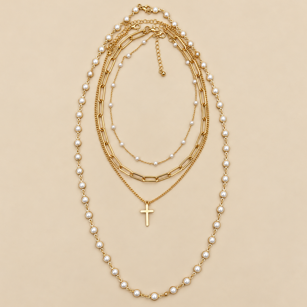 Layered Gold & Pearl Cross Statement Necklace