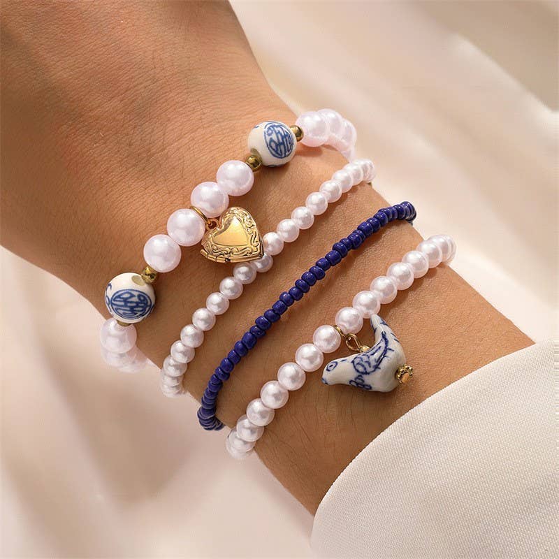 Blue & White Porcelain Bird Bracelet Set