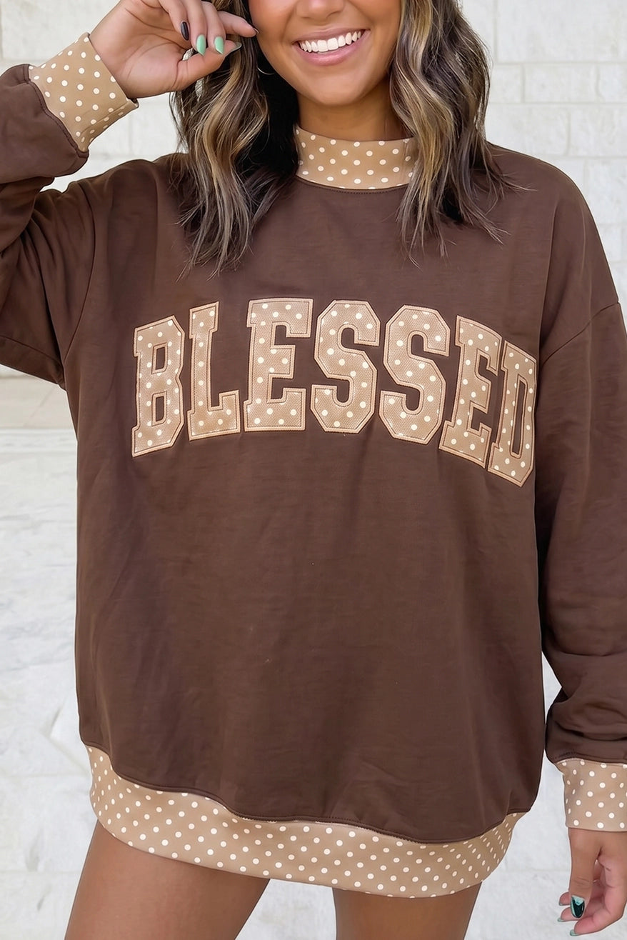 Blessed Polka Dot Trim Mock Neck Sweatshirt