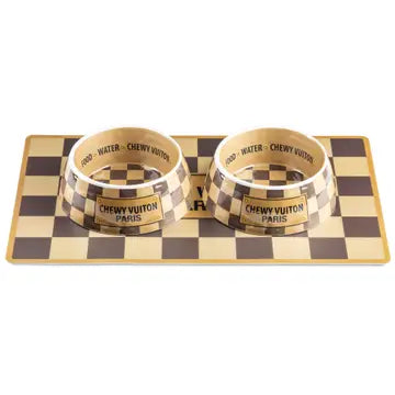 Chewy Vuiton Dog Bowls and Placemat Set