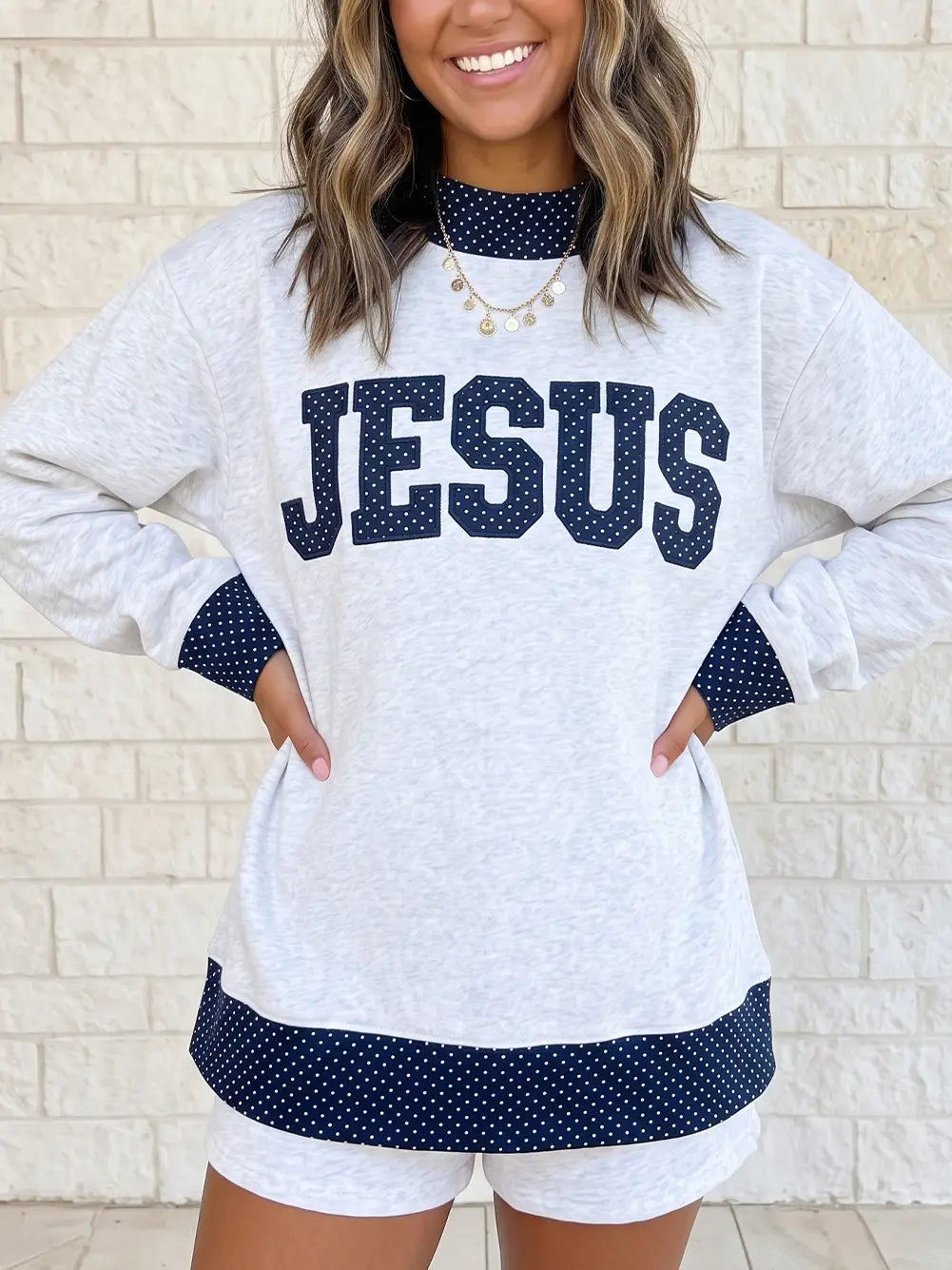 Jesus Polka Dot Trim Mock Neck Sweatshirt