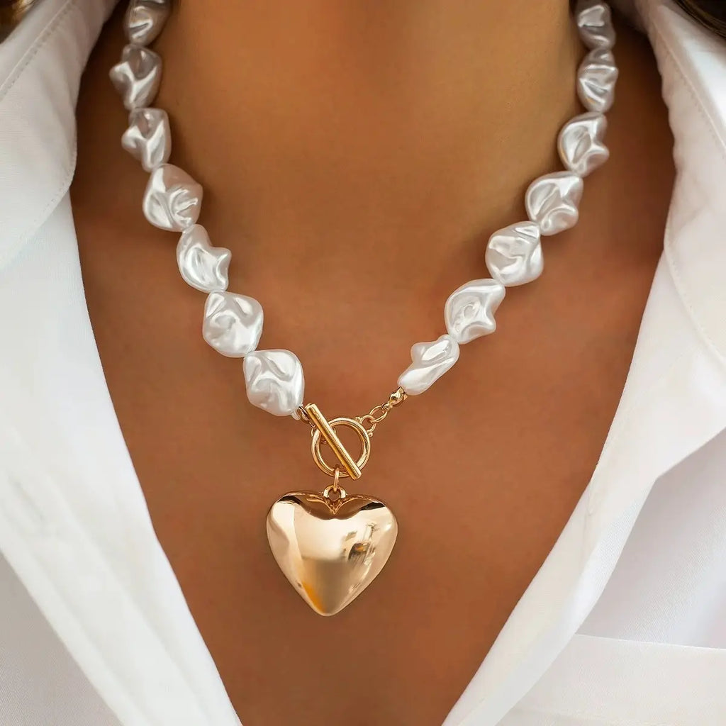 Pearl Beaded Heart Charm Necklace