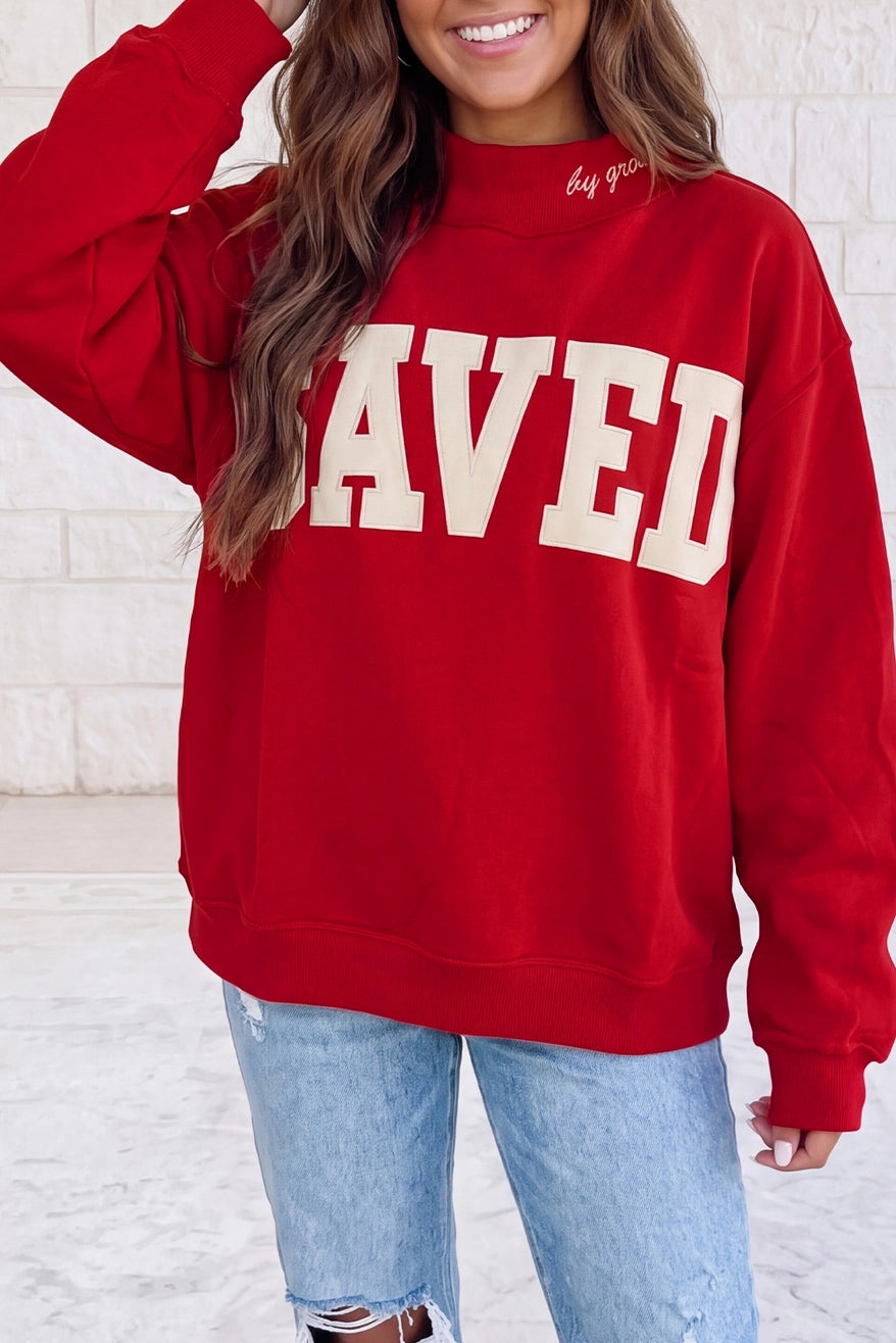 Saved By Grace Mock Neck Embroidered Sweatshirt-             Red (Pre-Order)