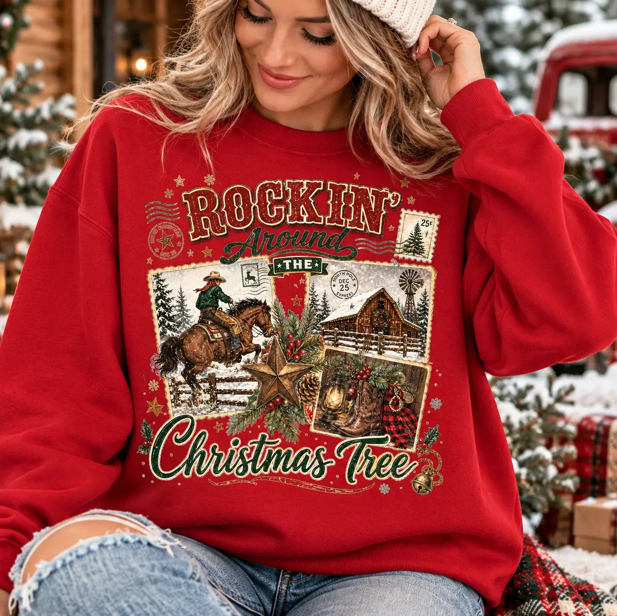 Model wearing a red Rockin’ Around the Christmas Tree graphic sweatshirt