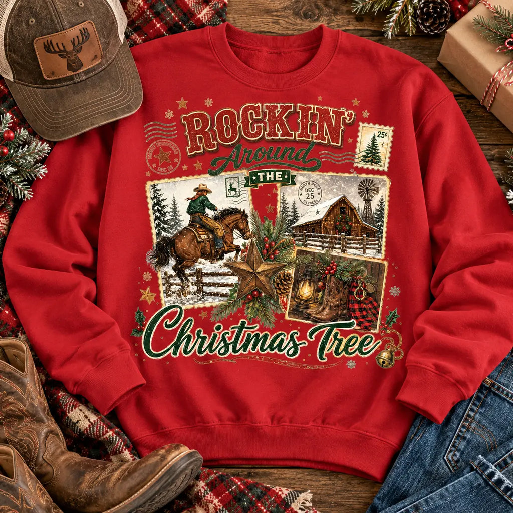 Red Rockin’ Around the Christmas Tree sweatshirt with western holiday graphic, shown flat