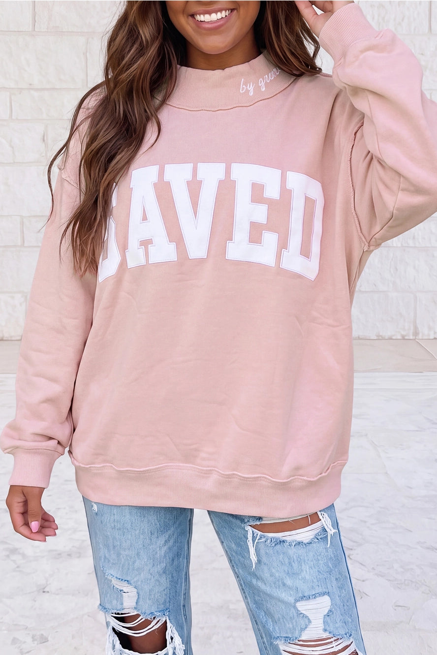 Saved by Grace Mock Neck  Embroidered Sweatshirt- Pink (Pre-Order)