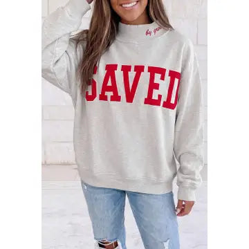 Saved By Grace Mock Neck Embroidered Sweatshirt-          Gray (Pre-Order)