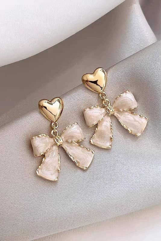 Gold Heart & Pearly Bow Drop Earrings
