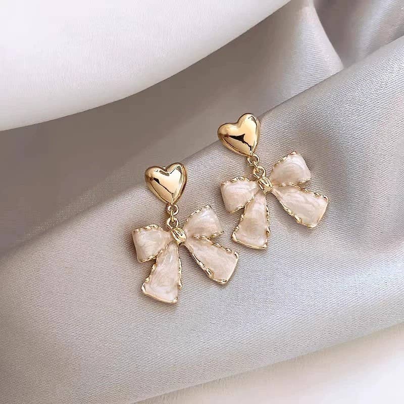 Gold Heart & Pearly Bow Drop Earrings