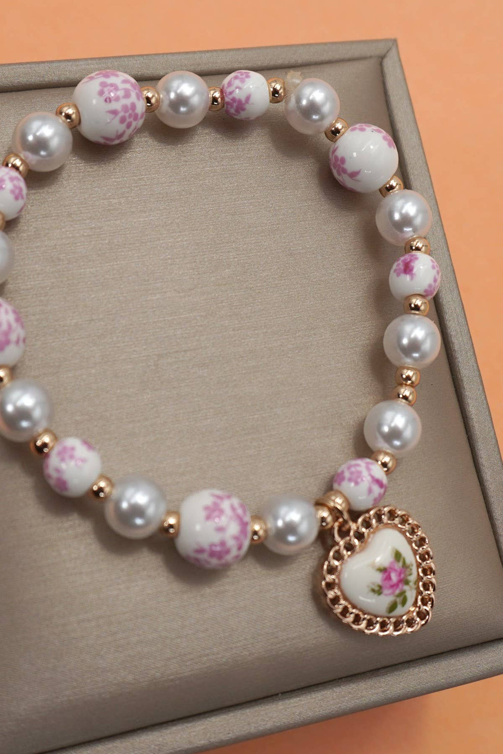 Pink Floral Porcelain Heart Bracelet