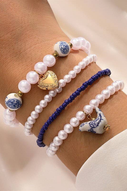 Blue & White Porcelain Bird Bracelet Set