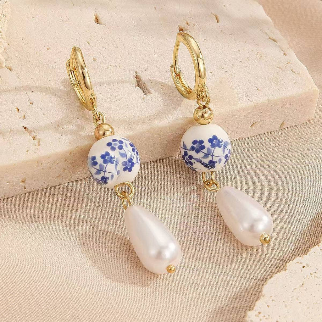 Drop and Dangle Pearl and Chinoiserie Style Earrings