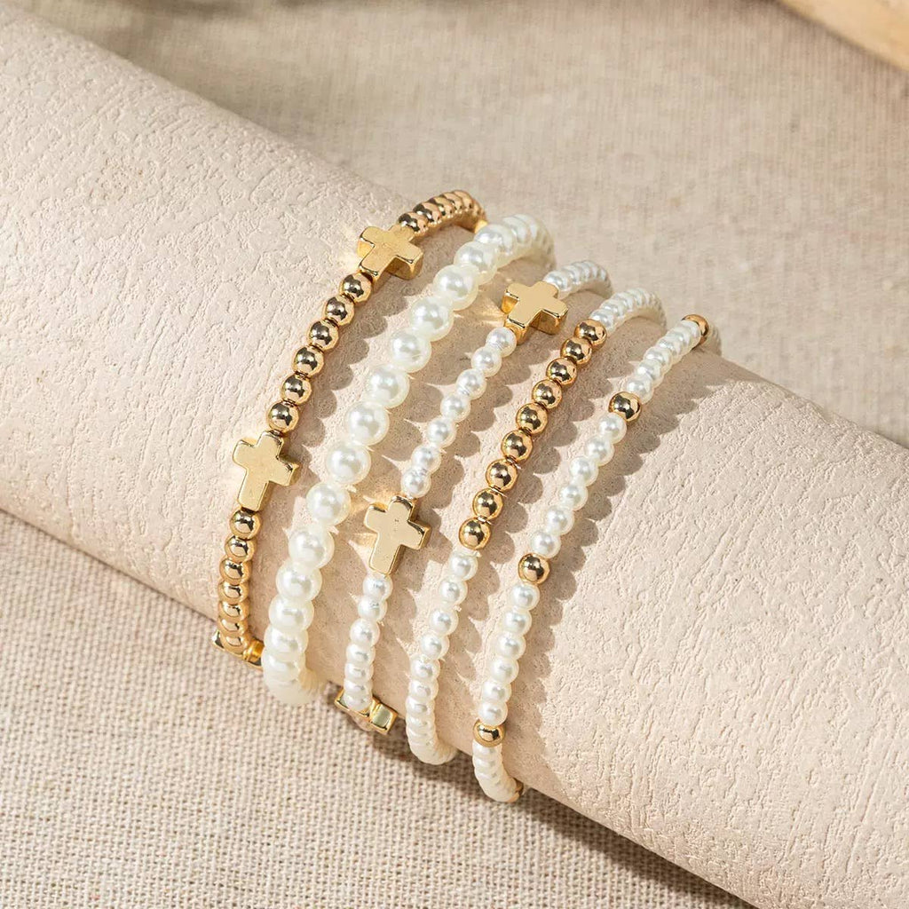 Gold & Pearl Cross Stackable Bracelets